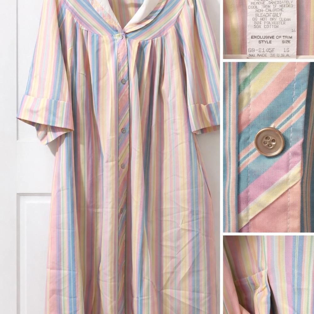Vintage 70s Sears Model’s Coat XL Pastel Stripe Housecoat Muumuu Duster - Picture 5 of 7